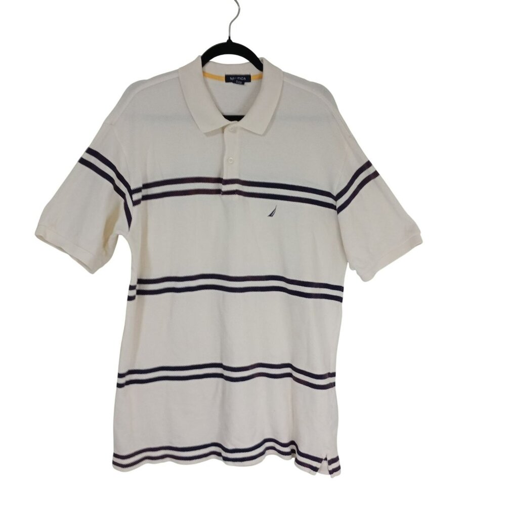Nautica Polo Shirt Mens XL White With Brown Stripes 100% Cotton Short Sleeve